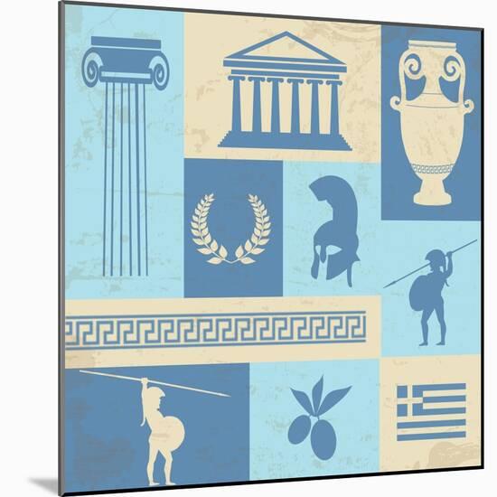 Greece Symbols And Landmarks On Retro Poster-radubalint-Mounted Art Print