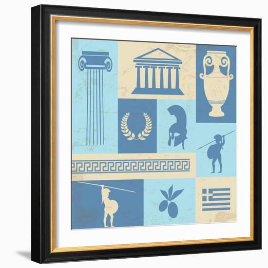 Greece Symbols And Landmarks On Retro Poster-radubalint-Framed Art Print