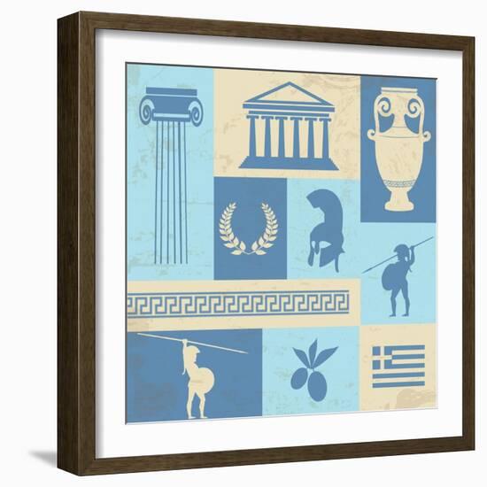 Greece Symbols And Landmarks On Retro Poster-radubalint-Framed Premium Giclee Print