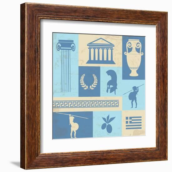 Greece Symbols And Landmarks On Retro Poster-radubalint-Framed Art Print