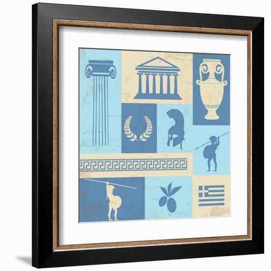 Greece Symbols And Landmarks On Retro Poster-radubalint-Framed Art Print