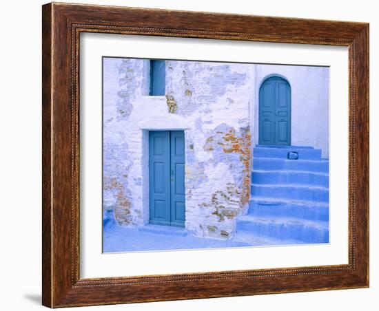 Greece, Symi. Blue doors and stairway of house.-Jaynes Gallery-Framed Photographic Print