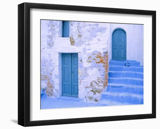 Greece, Symi. Blue doors and stairway of house.-Jaynes Gallery-Framed Photographic Print