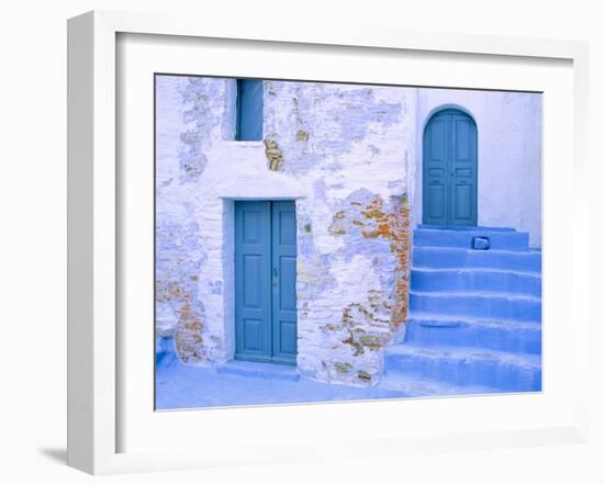 Greece, Symi. Blue doors and stairway of house.-Jaynes Gallery-Framed Photographic Print