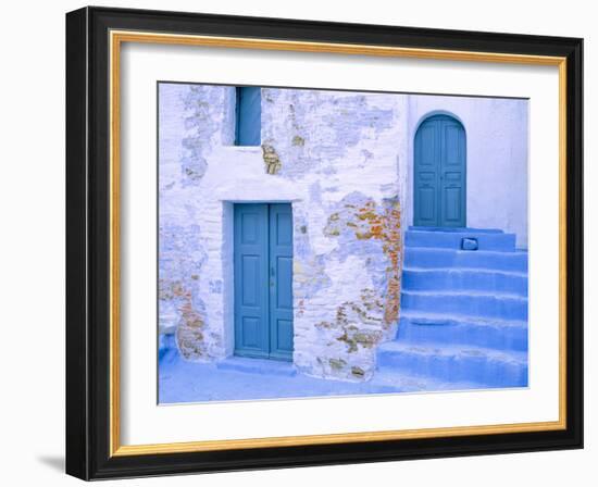 Greece, Symi. Blue doors and stairway of house.-Jaynes Gallery-Framed Photographic Print