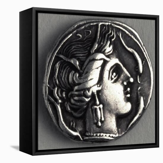 Greek Drachma Depicting Female Portrait Uncovered in Emporium, River Port of Rome-null-Framed Premier Image Canvas