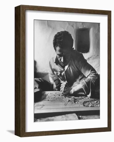 Greek Mountain Villager Engaged in Woodworking During the Winter-James Burke-Framed Photographic Print