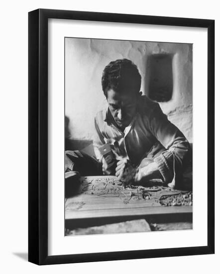 Greek Mountain Villager Engaged in Woodworking During the Winter-James Burke-Framed Photographic Print