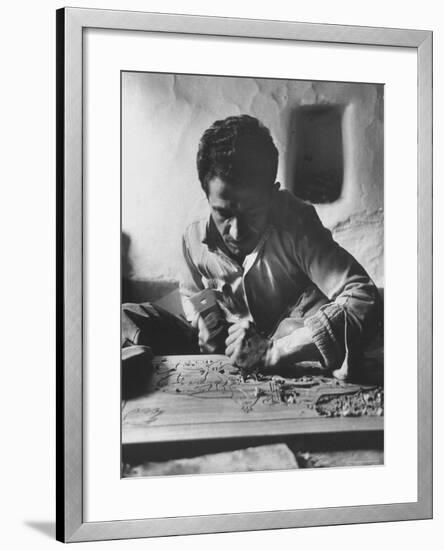 Greek Mountain Villager Engaged in Woodworking During the Winter-James Burke-Framed Photographic Print