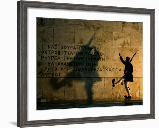 Greek Presidential Guard Marches at the Tomb of the Unknown Soldier in Athens-null-Framed Photographic Print