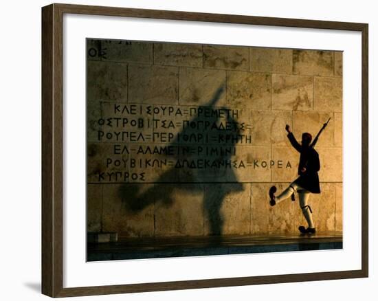 Greek Presidential Guard Marches at the Tomb of the Unknown Soldier in Athens-null-Framed Photographic Print