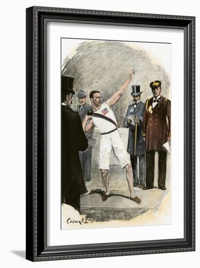 Greek Prince George Watching Shotput Attempt by Garrett of Princeton at 1896 Olympics, Athens-null-Framed Giclee Print