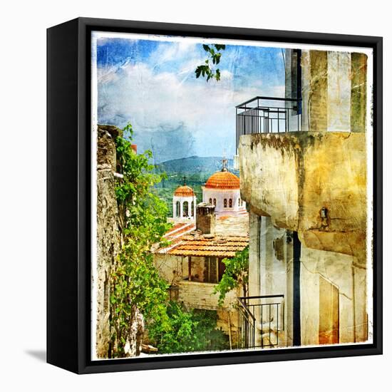 Greek Streets And Monasteries-Artwork In Painting Style-Maugli-l-Framed Stretched Canvas