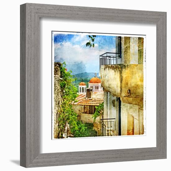 Greek Streets And Monasteries-Artwork In Painting Style-Maugli-l-Framed Art Print