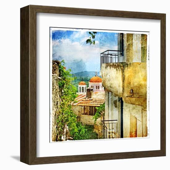 Greek Streets And Monasteries-Artwork In Painting Style-Maugli-l-Framed Art Print