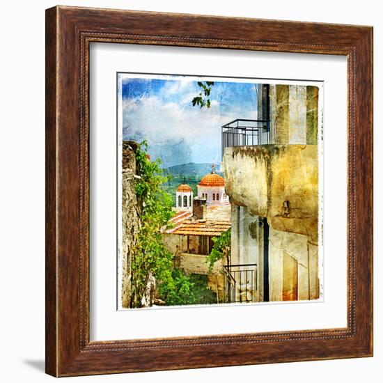 Greek Streets And Monasteries-Artwork In Painting Style-Maugli-l-Framed Art Print