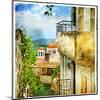 Greek Streets And Monasteries-Artwork In Painting Style-Maugli-l-Mounted Art Print