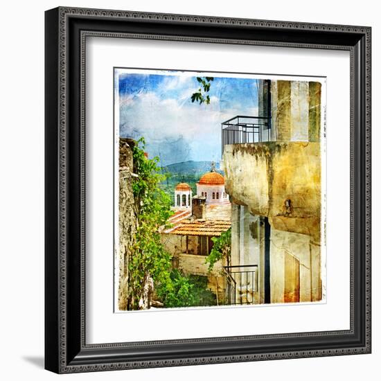 Greek Streets And Monasteries-Artwork In Painting Style-Maugli-l-Framed Art Print