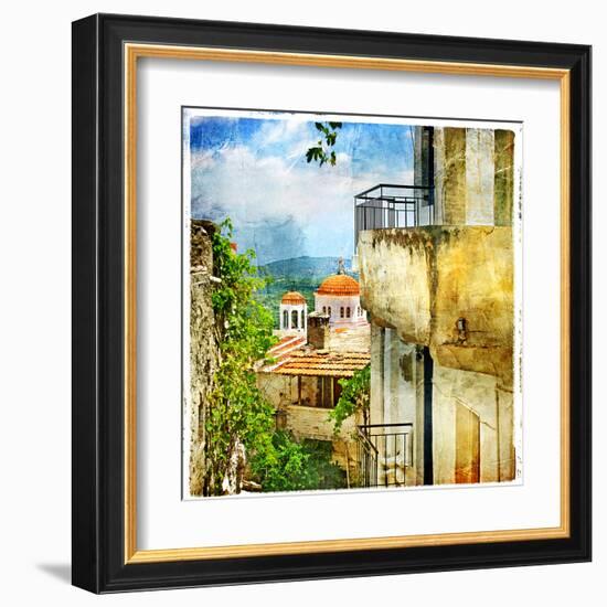 Greek Streets And Monasteries-Artwork In Painting Style-Maugli-l-Framed Art Print