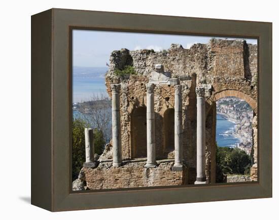 Greek Theatre, View of Giardini Naxos, Taormina, Sicily, Italy, Mediterranean, Europe-Martin Child-Framed Premier Image Canvas