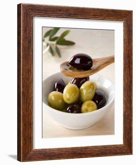 Green and Black Olives in Small Dish and on Wooden Spoon-Barbara Kraske-Framed Photographic Print