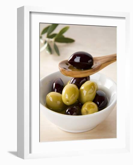 Green and Black Olives in Small Dish and on Wooden Spoon-Barbara Kraske-Framed Photographic Print