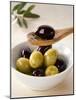 Green and Black Olives in Small Dish and on Wooden Spoon-Barbara Kraske-Mounted Photographic Print