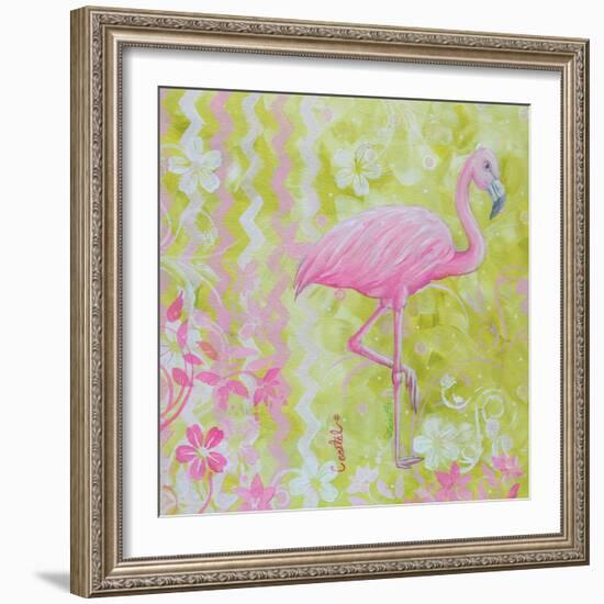 Green and Pink Flowers Flamingo Bird-Megan Aroon Duncanson-Framed Art Print