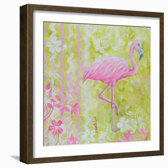 Green and Pink Flowers Flamingo Bird-Megan Aroon Duncanson-Framed Art Print