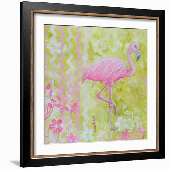 Green and Pink Flowers Flamingo Bird-Megan Aroon Duncanson-Framed Art Print