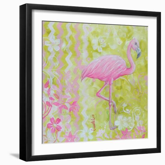 Green and Pink Flowers Flamingo Bird-Megan Aroon Duncanson-Framed Art Print