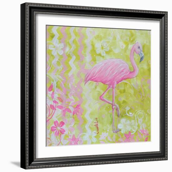 Green and Pink Flowers Flamingo Bird-Megan Aroon Duncanson-Framed Art Print