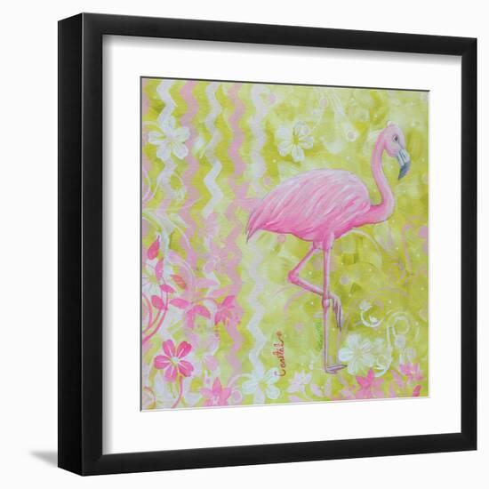 Green and Pink Flowers Flamingo Bird-Megan Aroon Duncanson-Framed Art Print