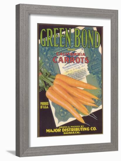 Green Bond Carrot Label - Salinas, CA-Lantern Press-Framed Art Print