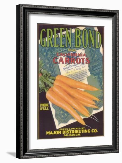 Green Bond Carrot Label - Salinas, CA-Lantern Press-Framed Art Print