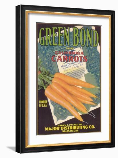 Green Bond Carrot Label - Salinas, CA-Lantern Press-Framed Art Print