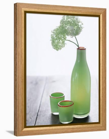 Green Bottle with Flowers and Green Glasses-Alena Hrbkova-Framed Premier Image Canvas