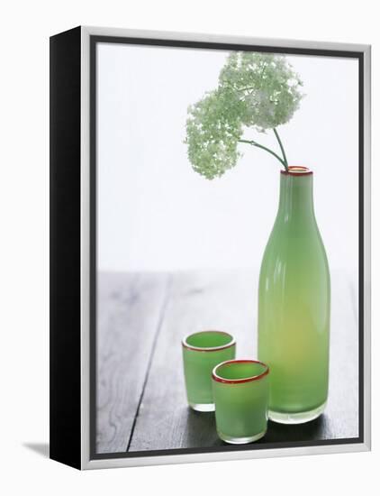 Green Bottle with Flowers and Green Glasses-Alena Hrbkova-Framed Premier Image Canvas