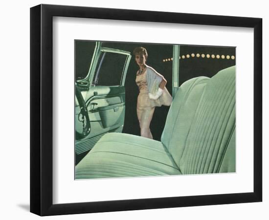 Green Car Interior with Dressed Up Woman-null-Framed Art Print