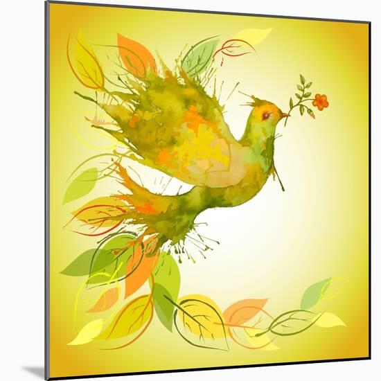 Green Dove with Flower Branch and Autumn Leaves-Scarlet Starlet-Mounted Art Print