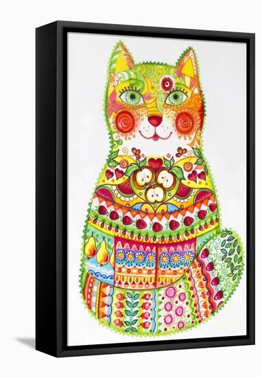 Green Folk Cat 1-Oxana Zaika-Framed Premier Image Canvas