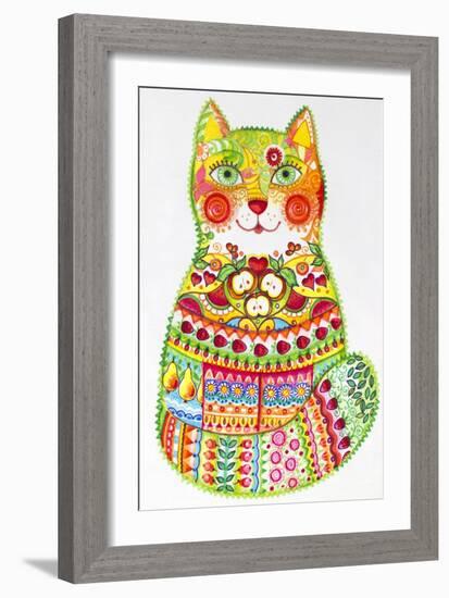 Green Folk Cat 1-Oxana Zaika-Framed Giclee Print