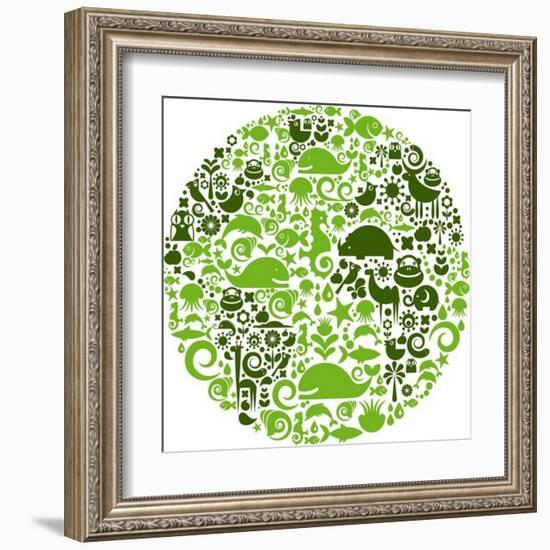 Green Globe Outline Made From Birds, Animals And Flowers Icons-Marish-Framed Art Print