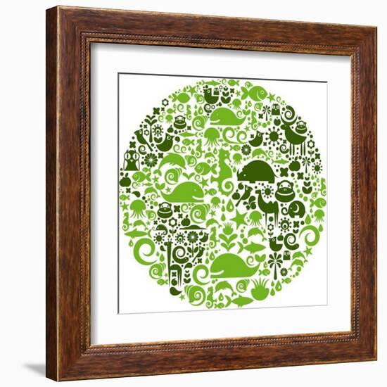 Green Globe Outline Made From Birds, Animals And Flowers Icons-Marish-Framed Art Print