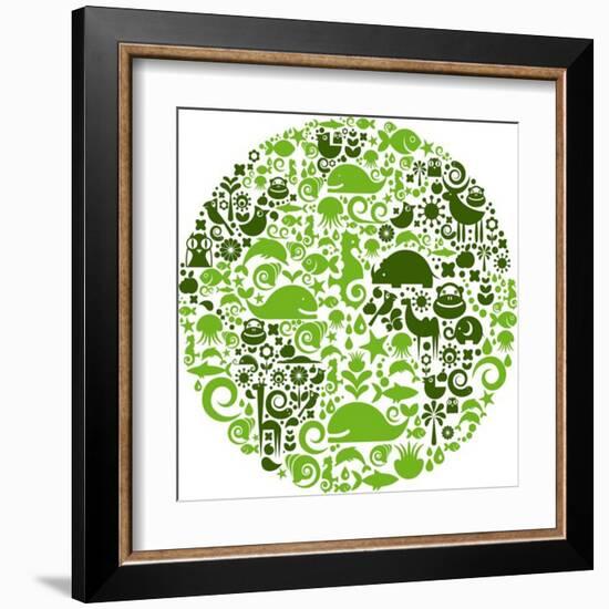 Green Globe Outline Made From Birds, Animals And Flowers Icons-Marish-Framed Art Print