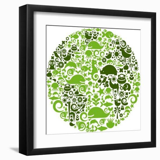 Green Globe Outline Made From Birds, Animals And Flowers Icons-Marish-Framed Art Print