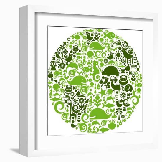 Green Globe Outline Made From Birds, Animals And Flowers Icons-Marish-Framed Art Print