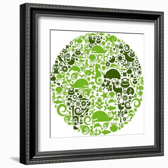 Green Globe Outline Made From Birds, Animals And Flowers Icons-Marish-Framed Art Print