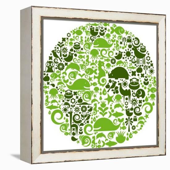 Green Globe Outline Made From Birds, Animals And Flowers Icons-Marish-Framed Stretched Canvas