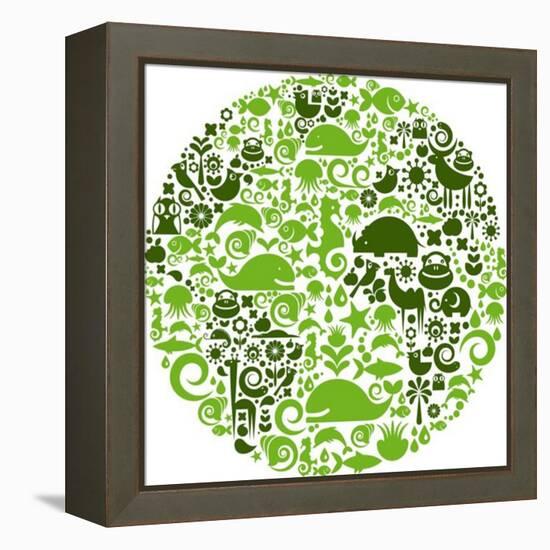 Green Globe Outline Made From Birds, Animals And Flowers Icons-Marish-Framed Stretched Canvas